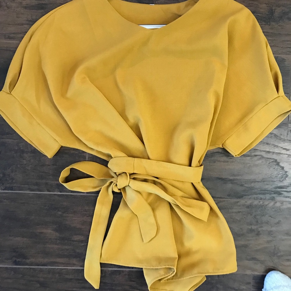 Mustard yellow blouse with tie around waist